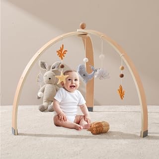 Baby Play Gym Wooden Baby Gym with Cute Ocean Animals 5 Hanging Toys Foldable Baby Play Gym Frame Activity Gym for Sensory Exploration and Motor Skill Development, Newborn Gift for Girls and Boys
