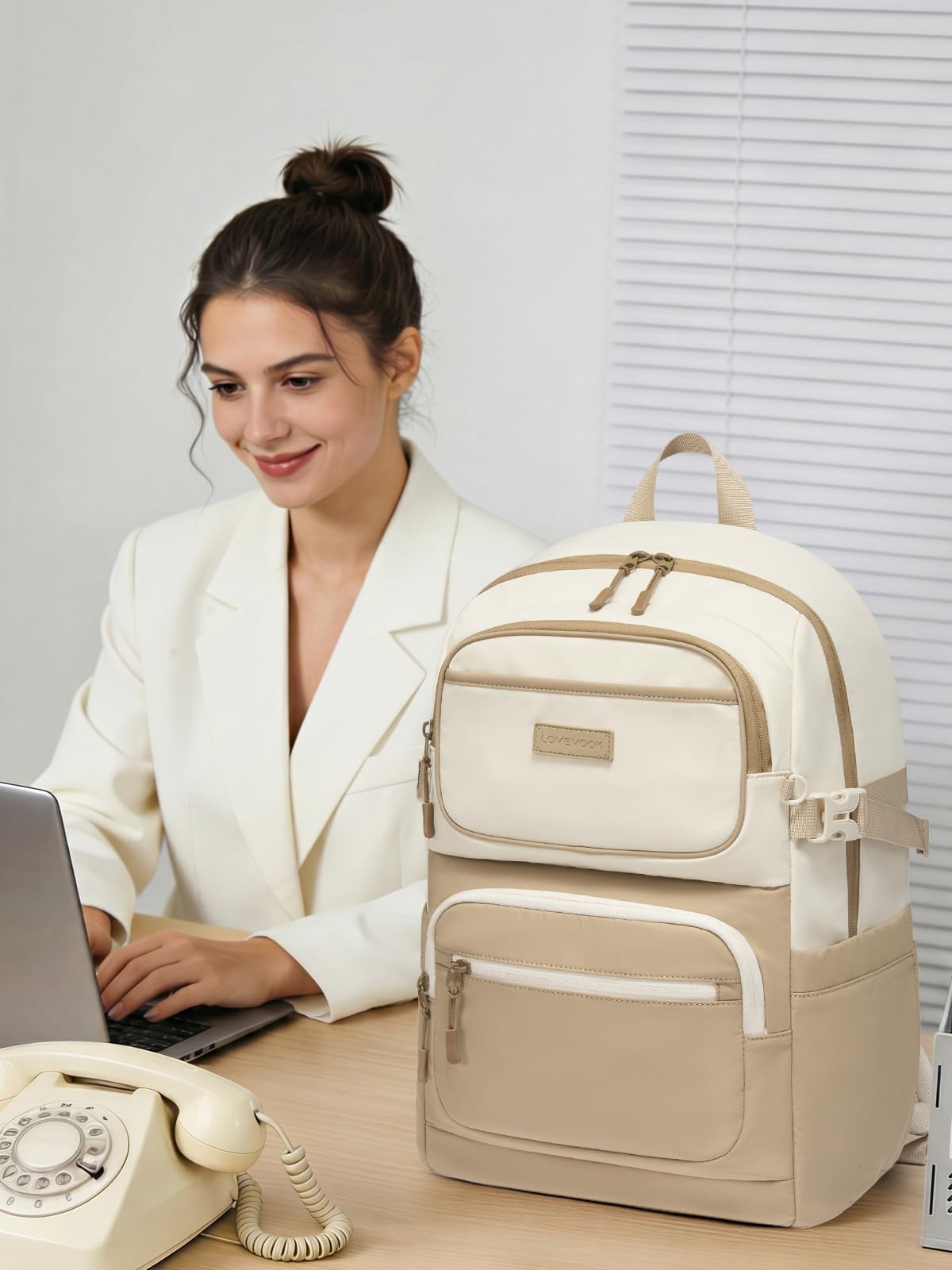 LOVEVOOK Zaino da donna, 15,6 pollici, per la scuola, per adolescenti, con grande scomparto, 1-cachi-beige, L, Casual