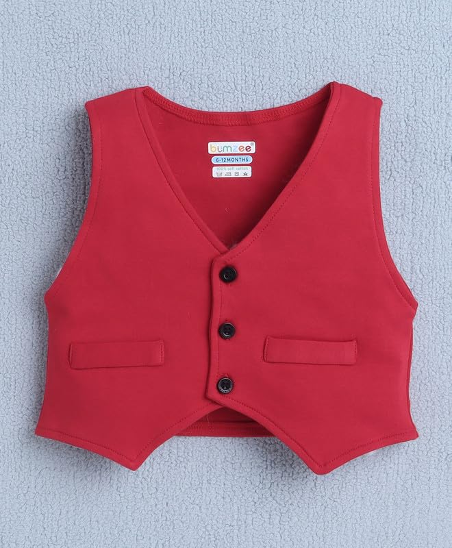 Image of BUMZEE Boys Regular Fit Full Sleeves Collar Neck Cotton Shirt Waistcoat & Short Set With Applique Bow