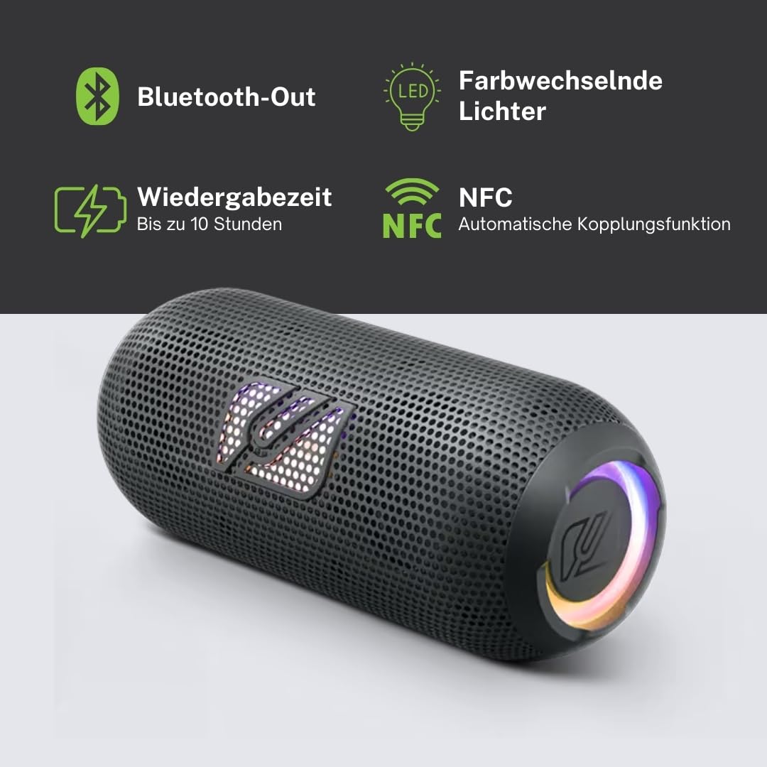 Muse M790BT. Altoparlante portatile Bluetooth resistente agli spruzzi con luci incorporate. Potenza 60 W. Mani libere. Possibilità di coppia Stereo. Connettore di ricarica USB-C. Batteria da 2700 mAh
