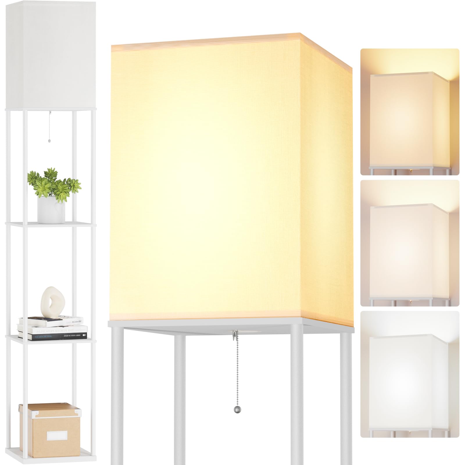 DEANIC 3-Layers Floor Lamp with Shelves, Modern Wooden Shelf Standing Lamp with 3-Color Light, Tall Storage Reading Lamp for Living Room, Bedroom, Office (White)