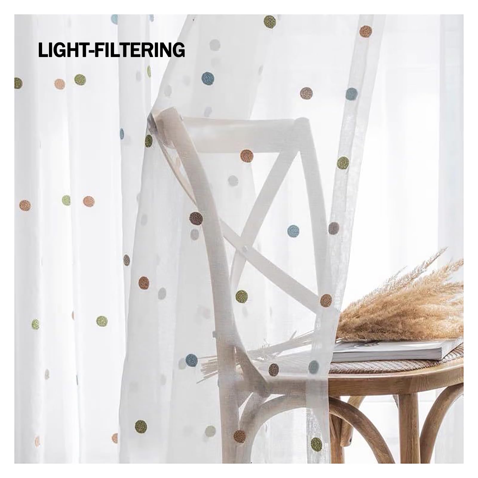 Bunt Punkte Transparent Gardinen, Stickerei Kinderzimmer Voile Vorhang Mit Ösen/Haken 2 Stück Für Wohnzimmer Schlafzimmer, W135xL244cm, Eyelet