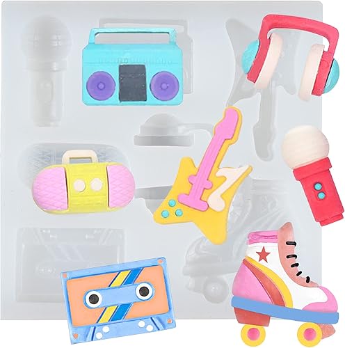 Bandeja de silicona para fondant de discoteca de los años 80, micrófono, radio y bajo para decoración de pasteles, decoración de cupcakes,