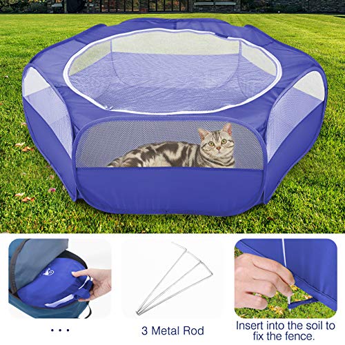 Pawaboo Kleintiere Freigehege, Wasserdicht Faltbar Kaninchen Freilaufgehege für Hasen Hühner Kätzchen Welpen Kaninchen Hamster, Visuell Laufstall mit Netz Reißverschluss und Nylonboden - Indigo