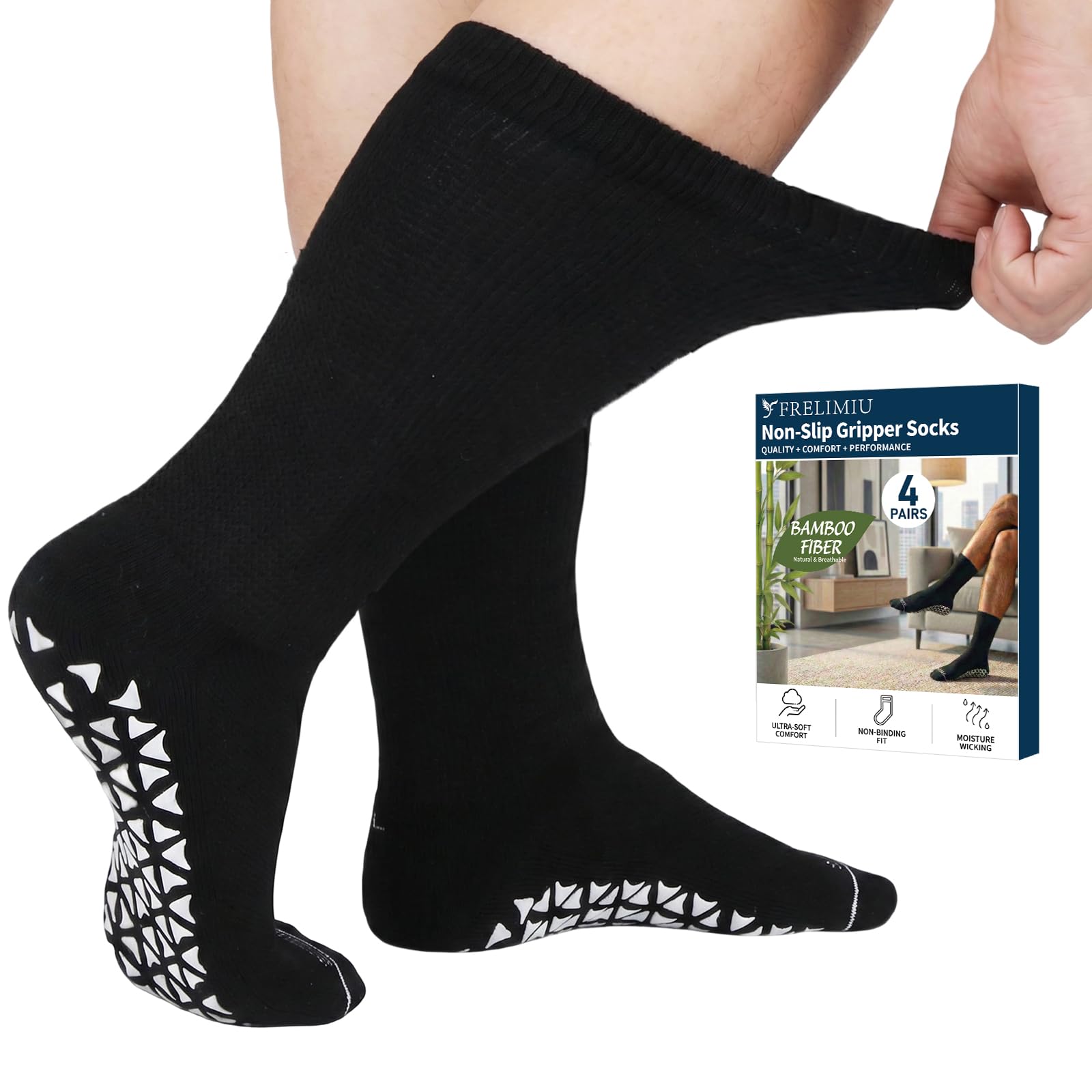 Frelimiu Diabetic Crew Socks for Men with Grippers – 4 Pairs, Non-Slip Grip Socks, Soft Viscose Blend Crew Socks, Non-Binding Loose Fit for Neuropathy, Edema & Sensitive Feet, Elderly, Size 11–15