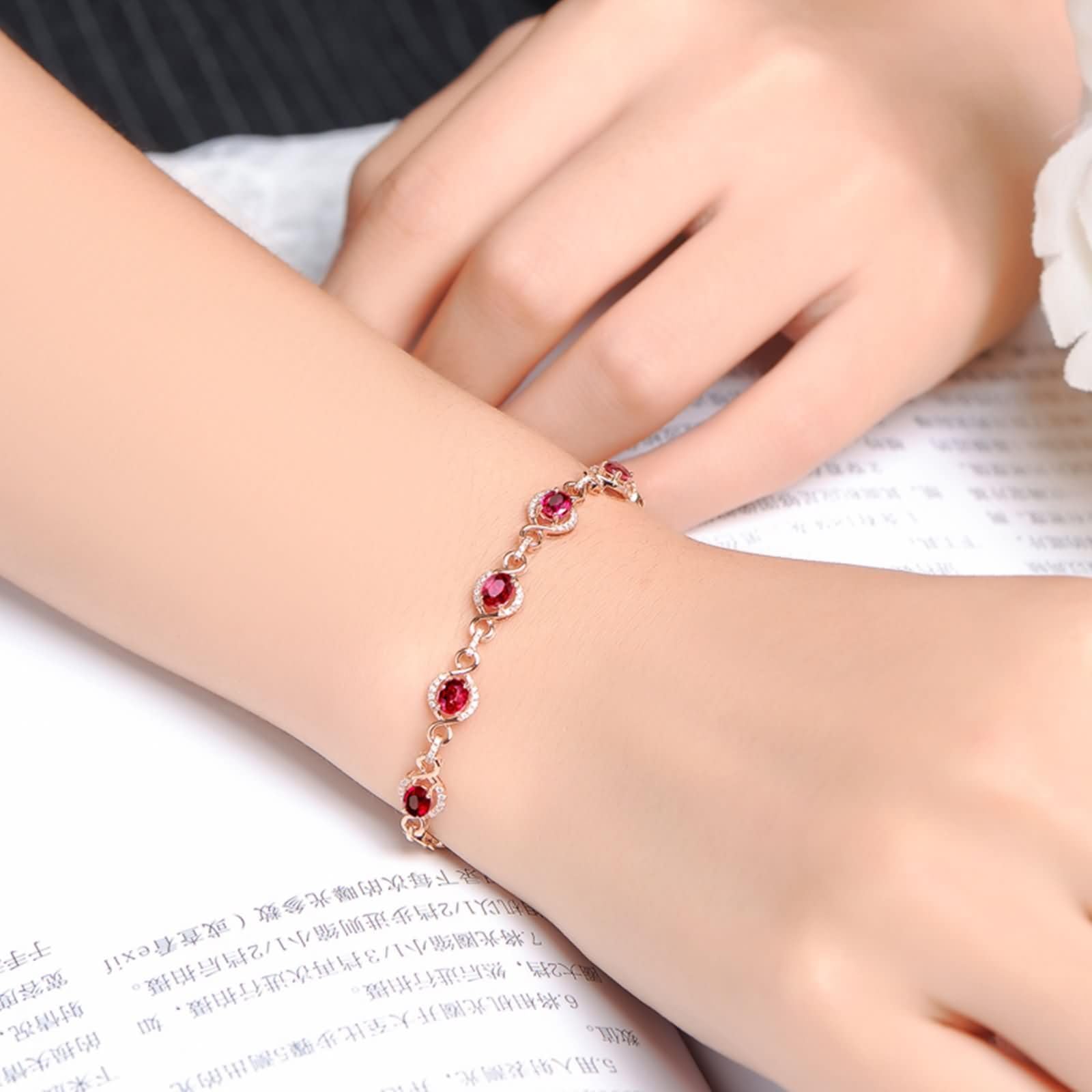 Pulseras de Mujer Oro Rosa 9Kt / 14Kt / 18Kt, Oval con Rubí y Diamante, Cadena Extensible 16 CM + 5 CM, Pulsera de Mujer de Oro Rosa