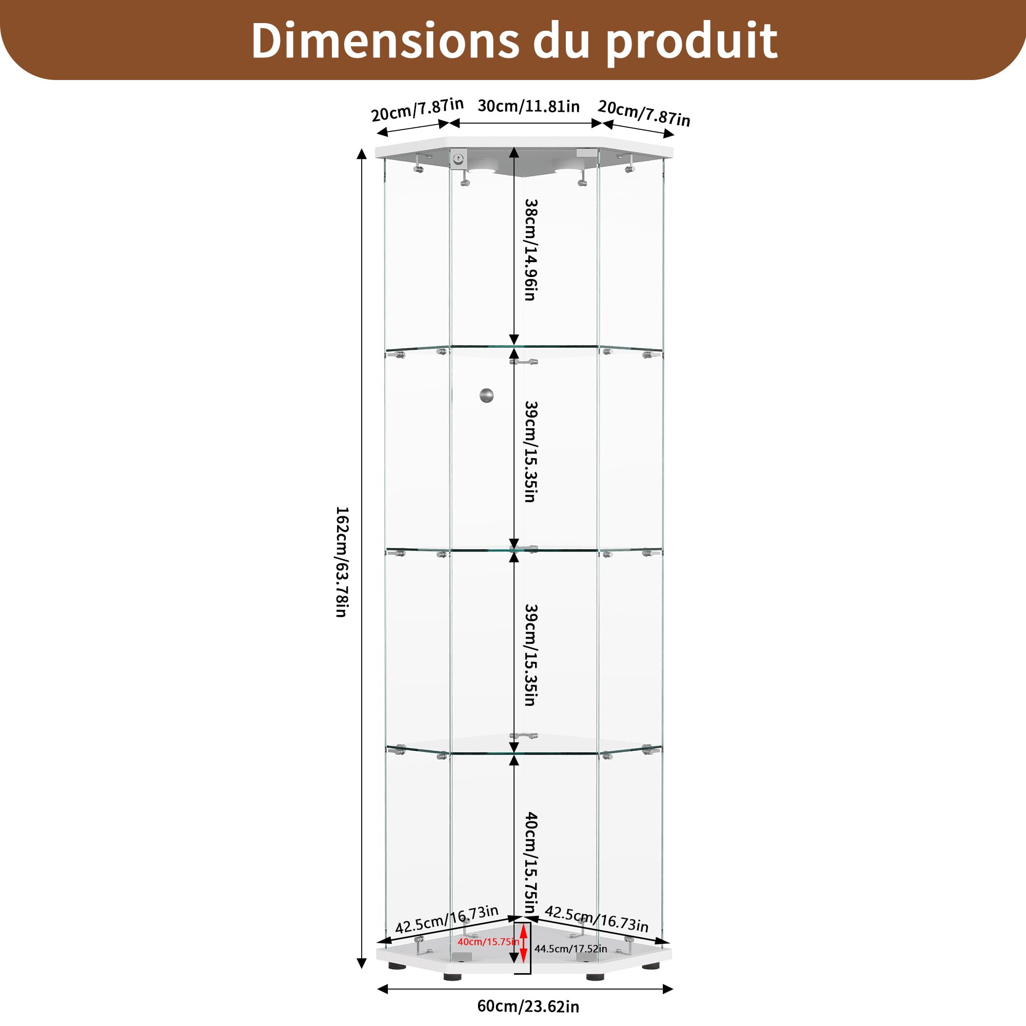 Vitrina de Cristal led, 162x60x40 cm vitrina Expositora de Vidrio con Cerradura LED y Puerta 4 Estantes VitrinaExpositora de Esquina Vitrina Transparente Grande vitrina de Colección para Salón Bar