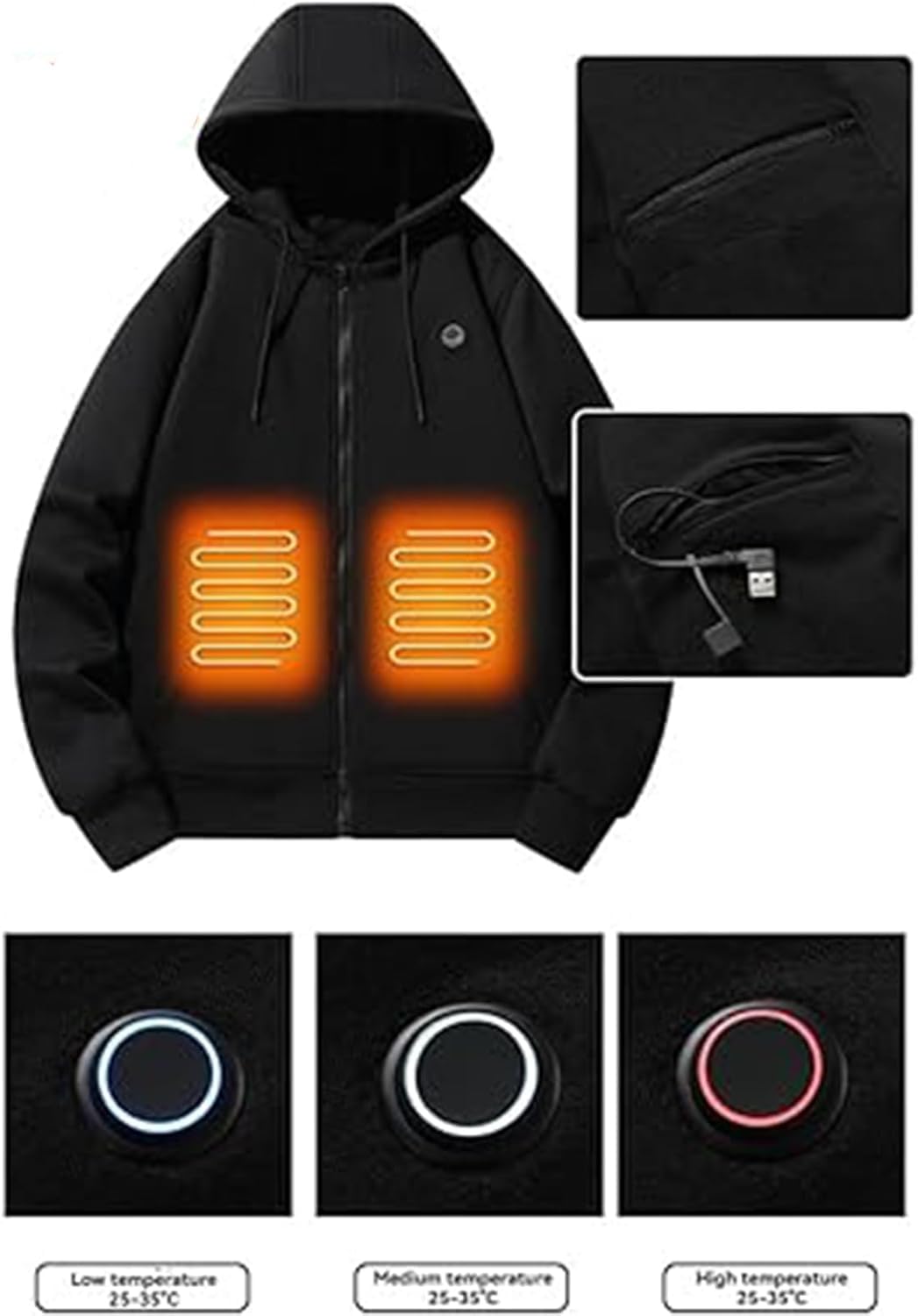 Kurtka ogrzewająca Podgrzewana bluza z kapturem z polaru dla mężczyzn i kobiet, zimowa ocieplana kurtka outdoorowa, inteligentna bluza grzewcza unisex(Women,S)