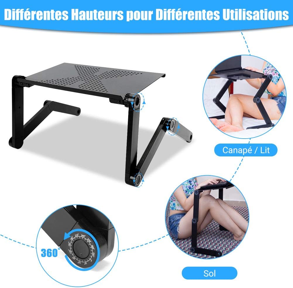 Diagram showing the laptop table adjusted to different heights and angles for use on a sofa/bed and on the floor, with a close-up of the 360-degree adjustable joint.