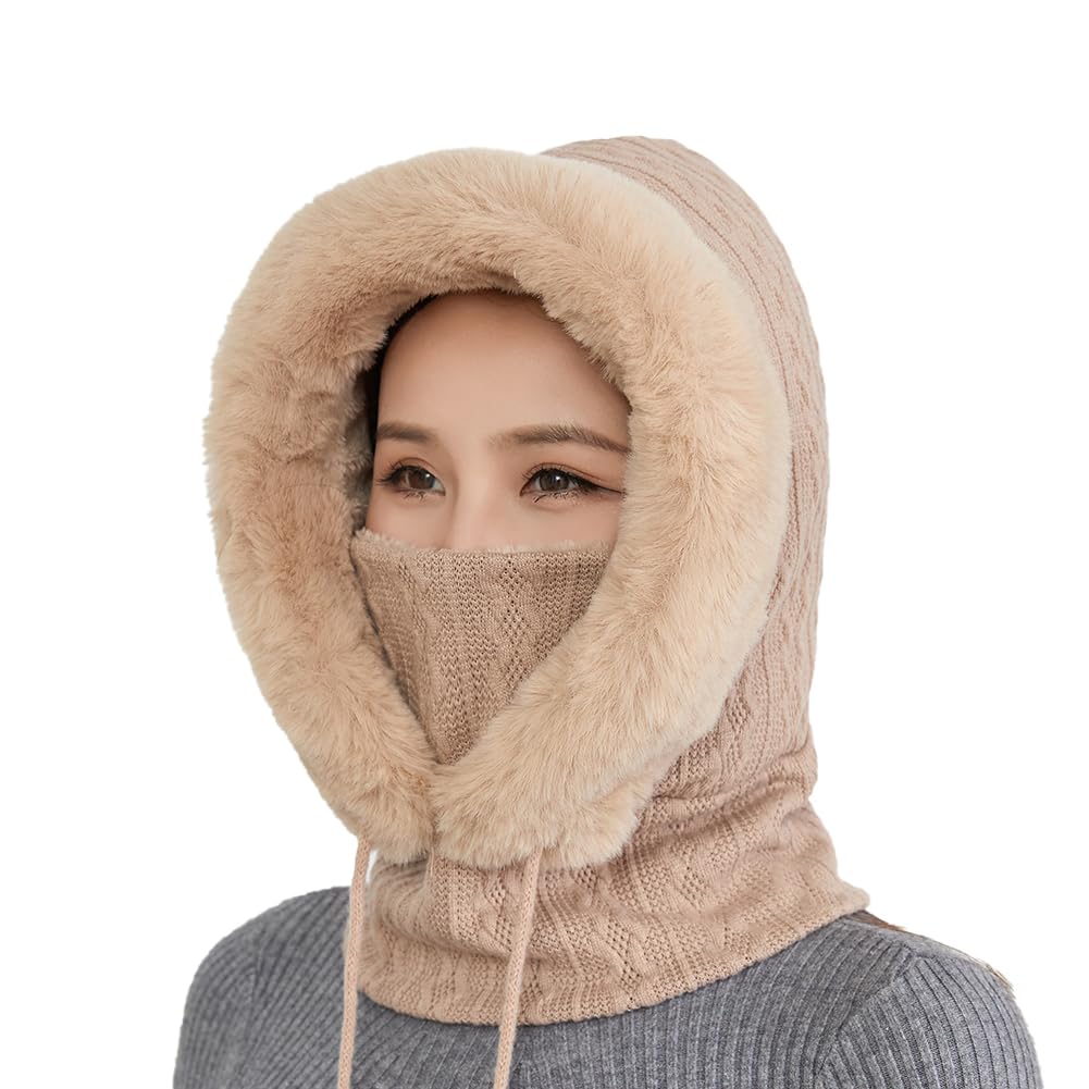KITERIKnitted Warm Balaclava Hat Fleece Hood Winter Hat Women Balaclava Sherpa Hood Ski Mask Thick Winter Hat with Neck Cover Face Cover Mask for Outdoor Cycling Skiing Sports, Beige