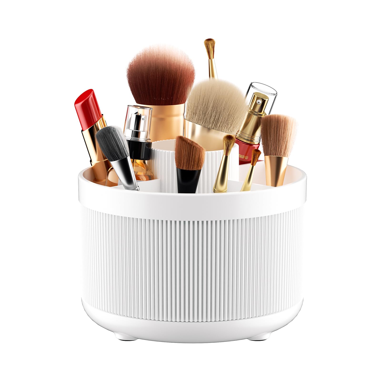 Soporte para brochas de maquillaje, organizador de escritorio giratorio suave de 360 grados con 5 ranuras y 2 bandejas para aretes
