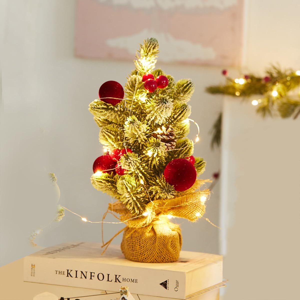 Burlap Small Christmas Tree Decor with Lights - Mini Tabletop Artificial Tree Centerpiece for Indoor Home Office Desk Holiday Decorations(Red Ornament)