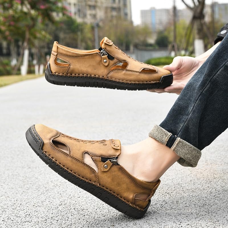 Men's Leather Hollow Athletic Sandals Casual Closed Toe Slip-on Roman Shoes Outdoor Beach Zipper Fisherman Shoes3