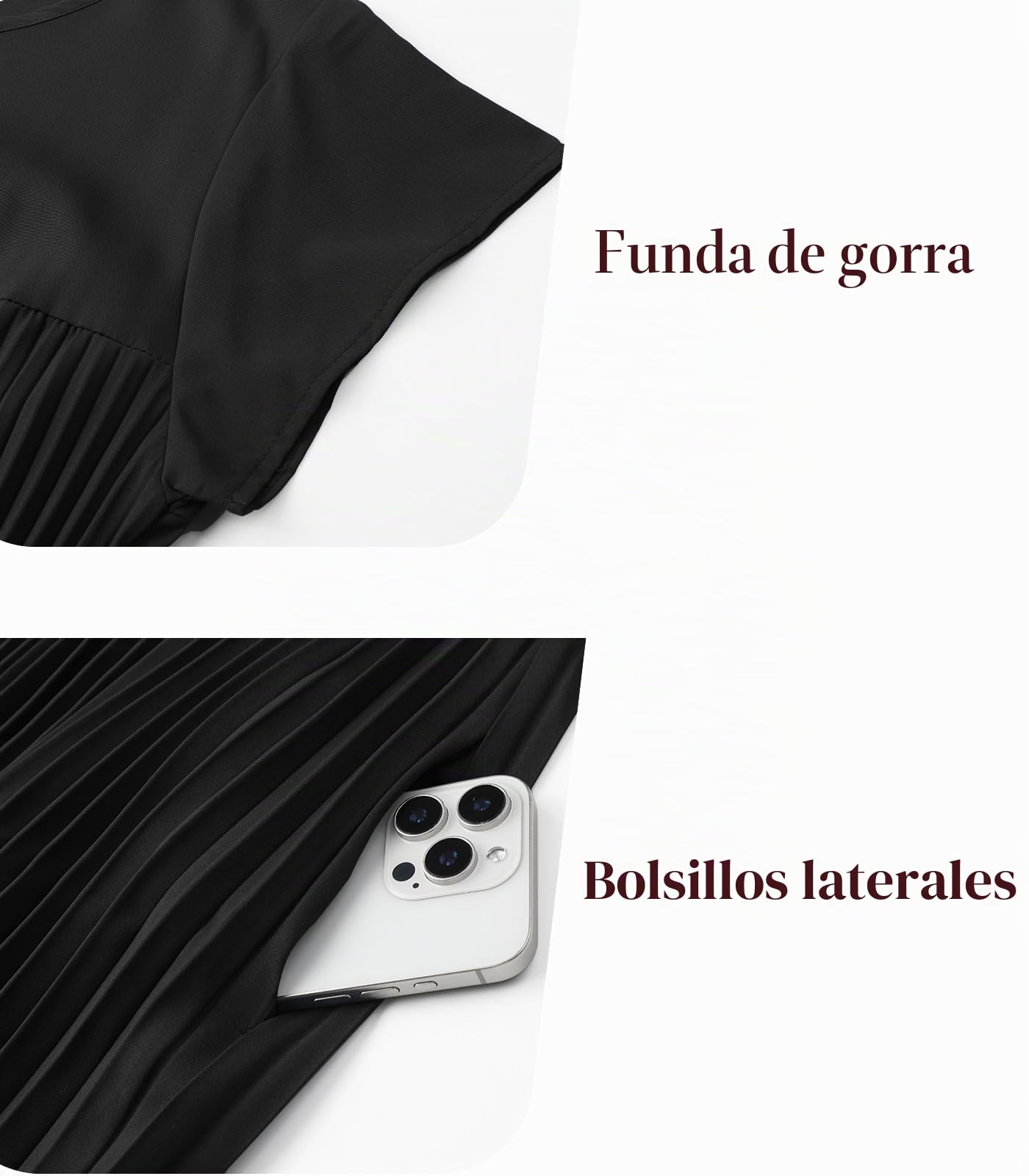 Adigaber Mujeres Largo Vestido Plisado Verano Casual Cuello Redondo Sólido Vestido con Bolsillos