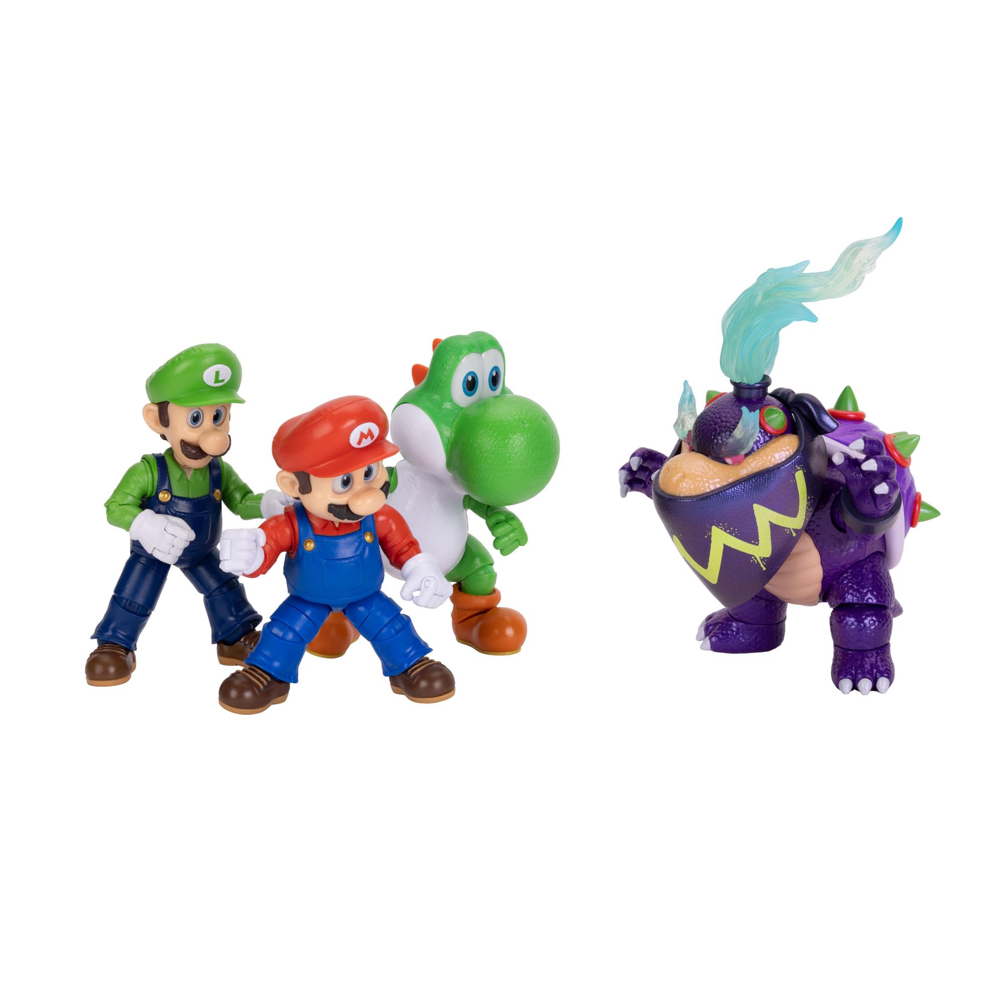 Action figure da 5 pollici del film Super Mario Galaxy, con licenza ufficiale Jakks Pacific, che include Mario, Luigi, Yoshi e l'esclusiva figura di Wonder Bowser Jr., con design articolato. - 5