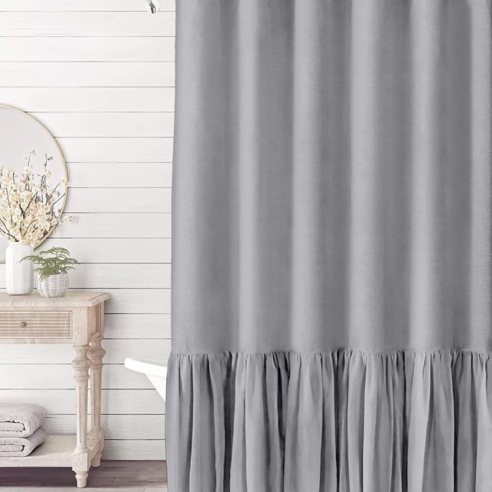 Neutral Shower Curtain Farmhouse Boho Ruffle Linen Bathroom Curtain with 12 hooks Vintage Rustic Decorative Fabric Curtains for Bathroom Bathtub