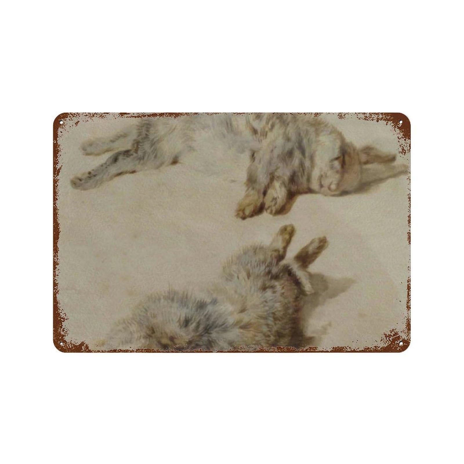 xiaoxiaoshen Vintage Oil Painting of Two Sleeping Rabbits, Neutral Country Style. Wall Decor Art Metal Tin Poster Modern Home Decor Art Home Bar Shop Decorations Vintage Sign 20x30cm