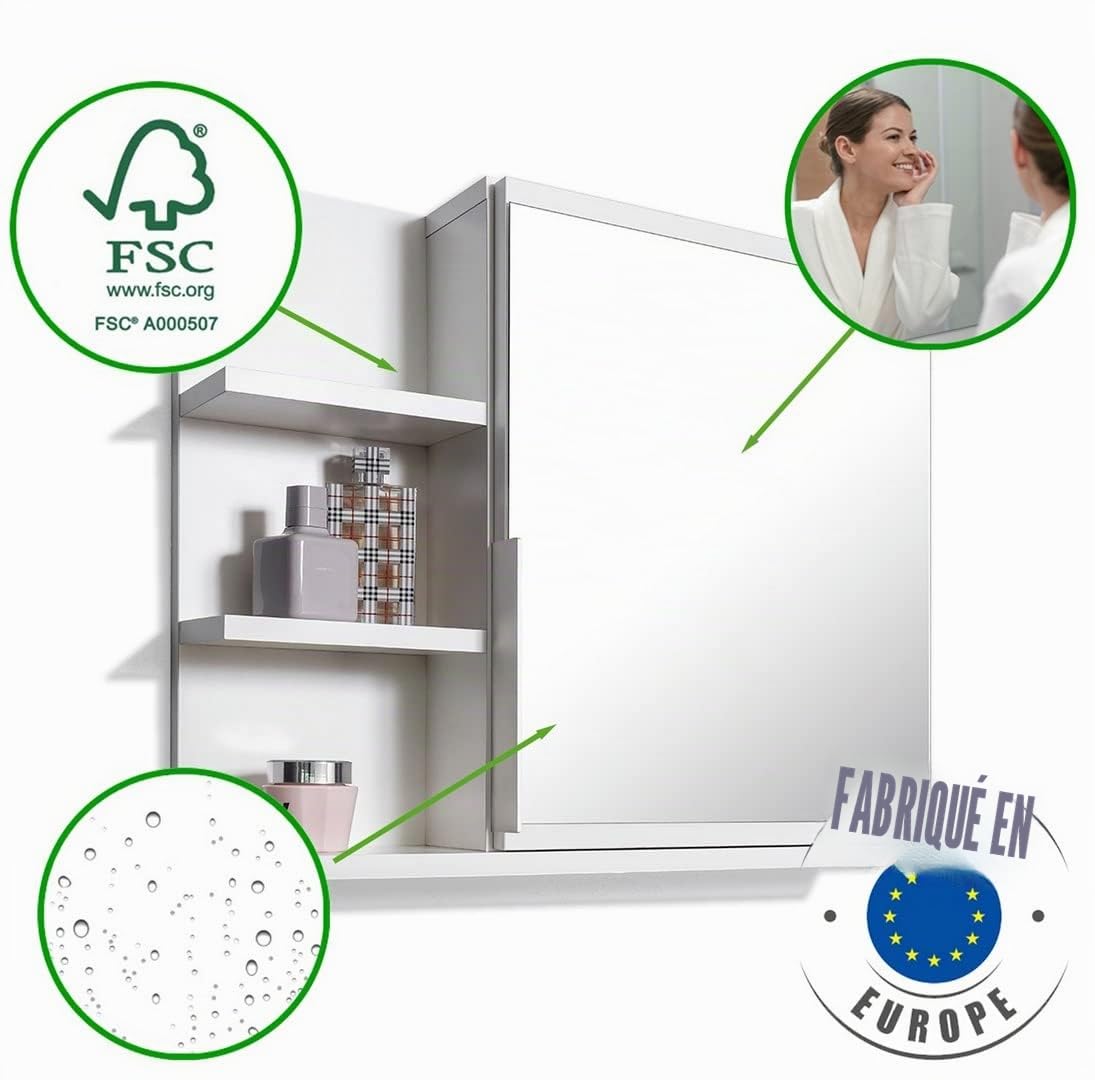 Armoire de Toilette 60x50 Blanche, Armoire de Salle de Bain avec étagères, Miroir de Salle de Bain, Armoire Murale Lampe LED - Gauche