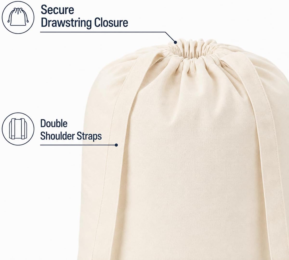 Cotton Canvas Laundry Bag with Drawstring, Natural Beige, 50x75 cm, (2, natural, double strap)