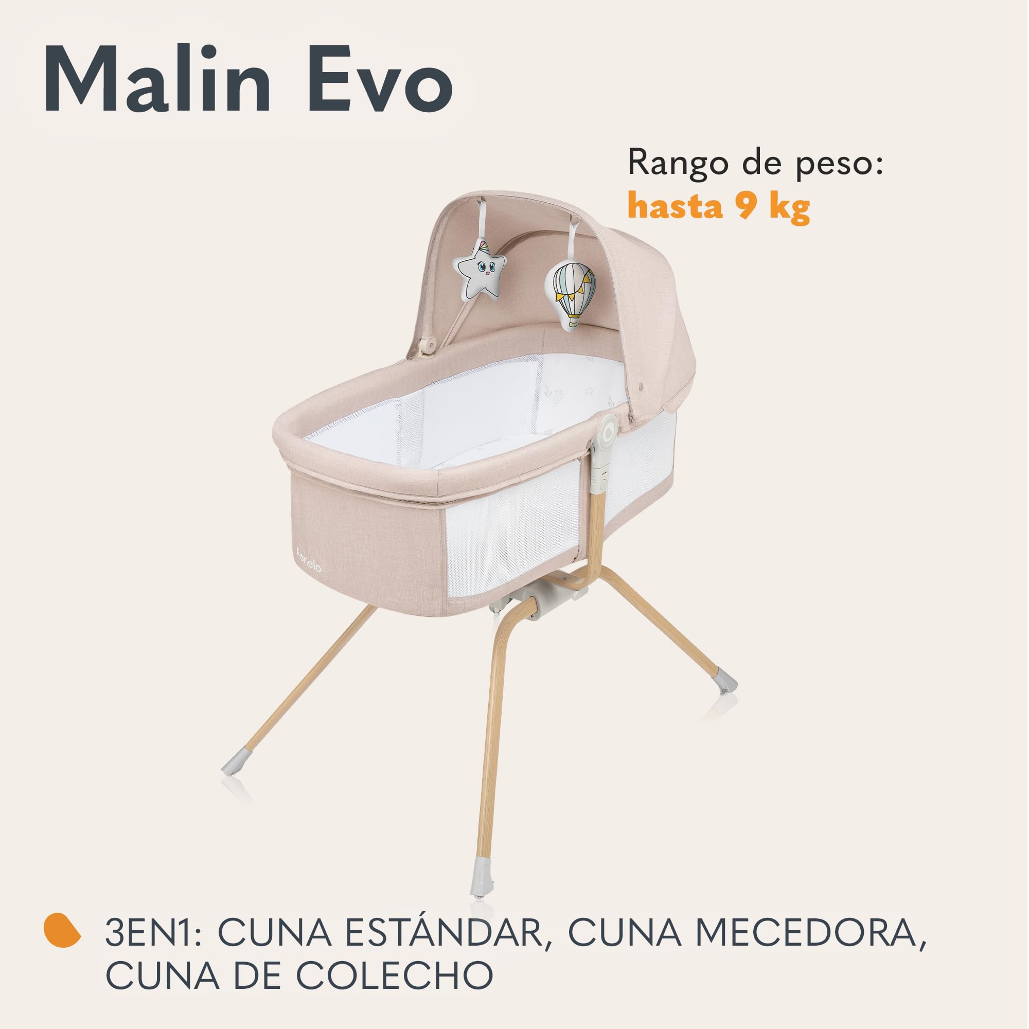lionelo Malin EVO - Cuna de Viaje para bebé con colchón, de 0 a 9 kg, Dosel con mosquitera, Plegable, Sistema de balancín, reclinable, Montaje rápido (Beige Natural)