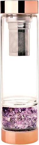 Miniatura 5 de Botella de agua de cristal delgado con infusión de piedra preciosa de oro rosa con funda protectora negra y 3 onzas de piedras de obsidiana