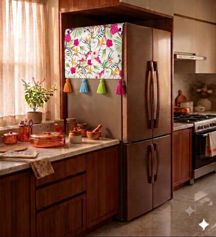 Image of WWW.THROWPILLOW.IN Four Door Fridge Cover 400+L |450 GSM Durable Fridge Top Cover with Tassels |Fits Godrej, LG, Haier, Samsung Fridge Models | Refrigerator Cover Mat in Neutral Floral Print |