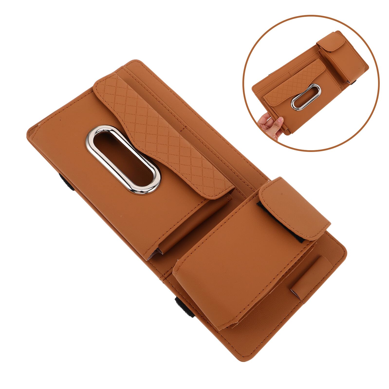 POPETPOP Clip Multifunzionale per Visiera Parasole Auto 2 Pezzi Supporto Portaocchiali da Sole in PU Marrone Organizer Compatibile Berline e Suv Accessorio Salvaspazio per Interni Auto