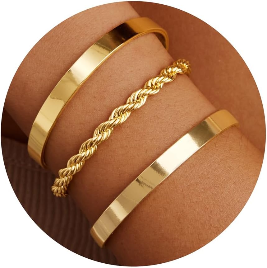 Gold Bangle Bracelets for Women, 14K Gold Plated Bracelet Non Tarnish Bangle Cuff Bracelet Set for Women Bracelets Stack Jewelry for Women Trendy Gifts