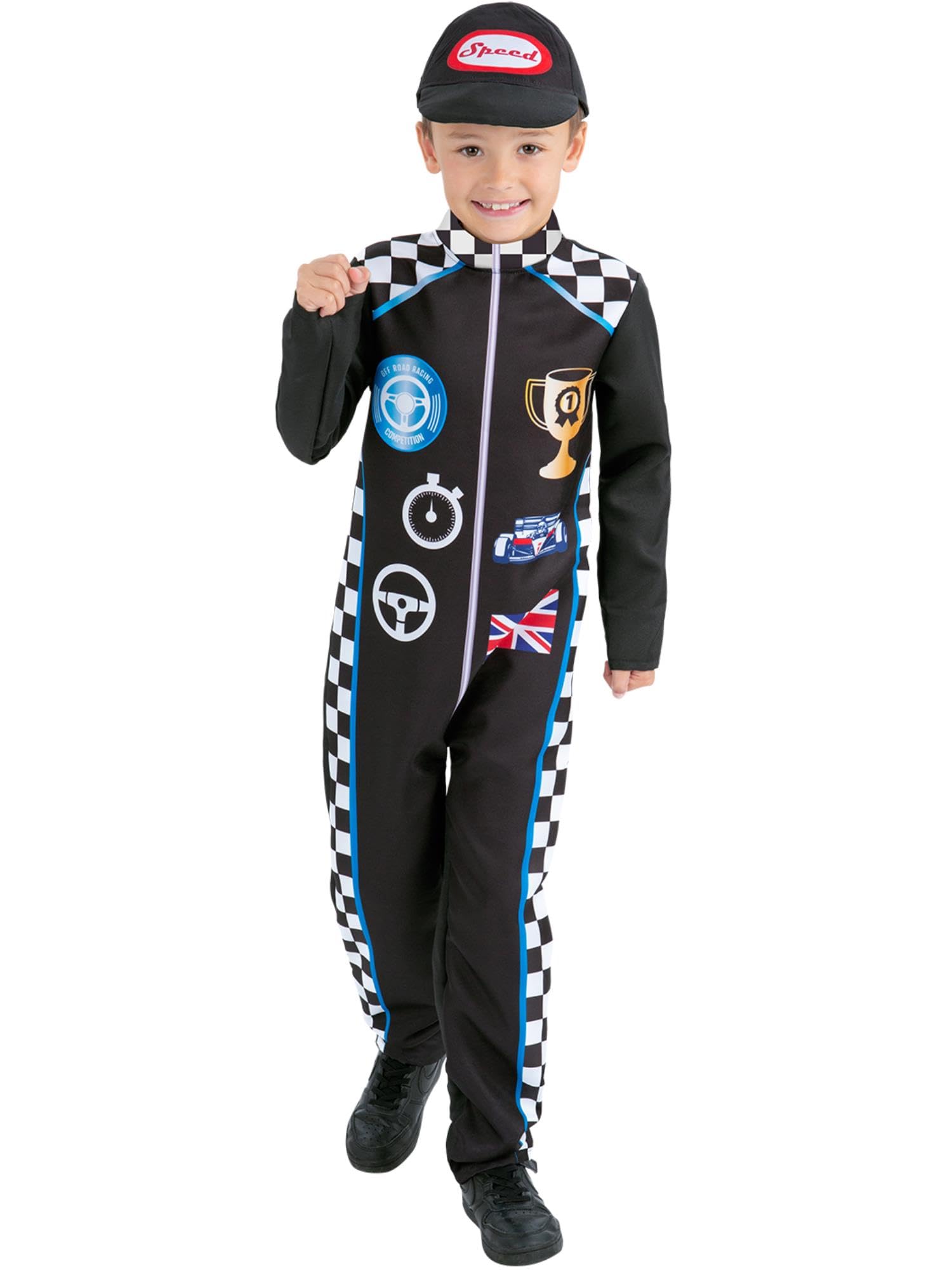 SmiffysRacing Driver Costume with Jumpsuit & Cap, Boys Fancy Dress, Child Dress Up Costumes