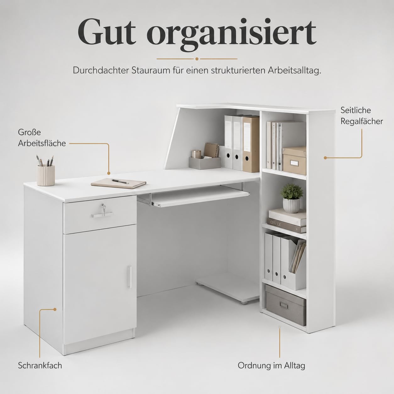 Große Empfangstheke, Empfangstresen, Bürotheke, Rezeptionstisch, Rezeptionstheke mit 1 Schubladen und 2 Einlegeböden, Empfangstheken, Rezeptionstheken mit Tastaturschublade, Weiß, 140 x 100 x 110 cm