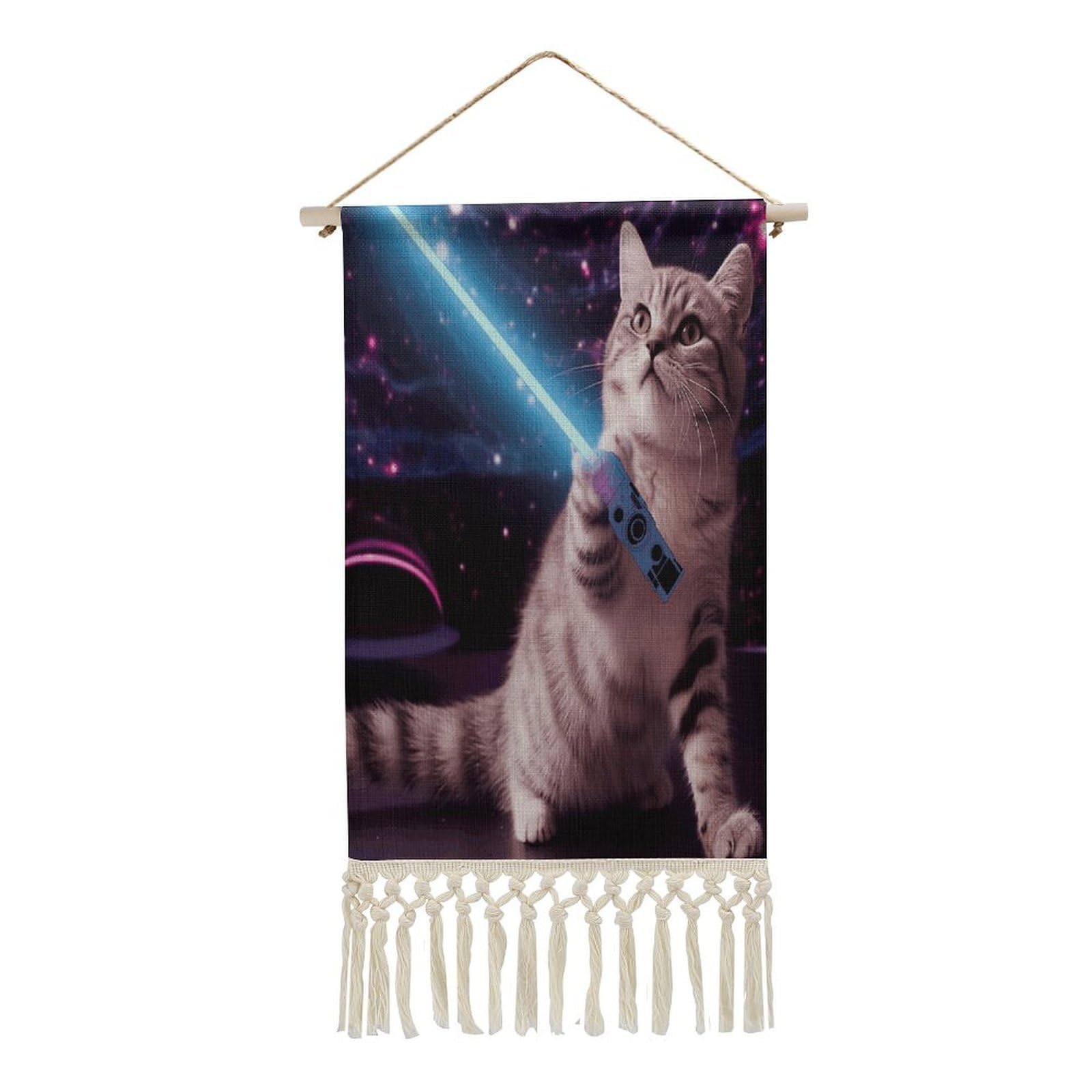 Adfgyerh Style Space Laser Cat Novelty Cute Funny Tapestry With Tassels Cotton And Linen Hanging Posters, Wall Art For Travel Gift, Wall Tapestry For Office Home Decor Bedroom Living Room Decor