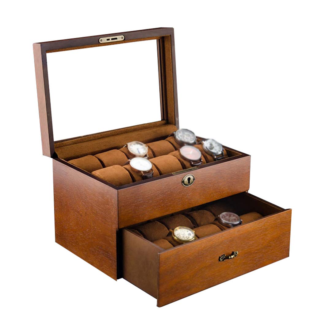 ANVLOJRIH Watch Box - Glass Lid 20 Slots Watch Jewellery Display Storage Box Case Bracelet Tray Showcase Organizer Soft Pillows and Lockable Metal Lock