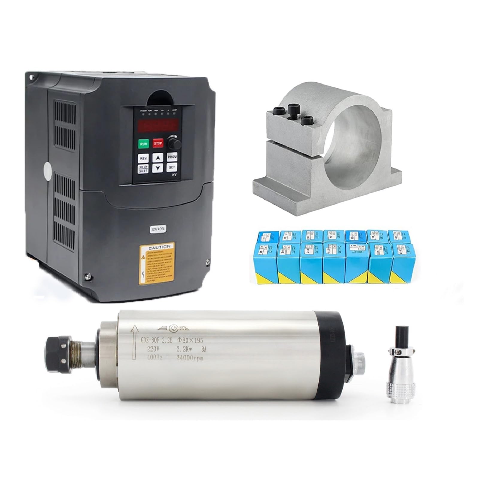 RATTMMOTOR CNC Spindelmotor Set 2.2Kw 220V Luftgekühlter Spindelmotor,CNC Frässpindel ER20 und 2.2kW 220V VFD Frequenzumrichter und 80mm Halterung Clamp für CNC Fräsmaschine