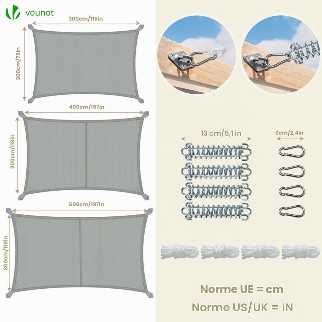 VOUNOT® Voile d'ombrage Rectangulaire Imperméable Auvent Protection en Polyester avec Kit de Montage Toile Ombrage Protection UV 95% Résistant pour Jardin Terrasse et Balcon 3x5m Gris