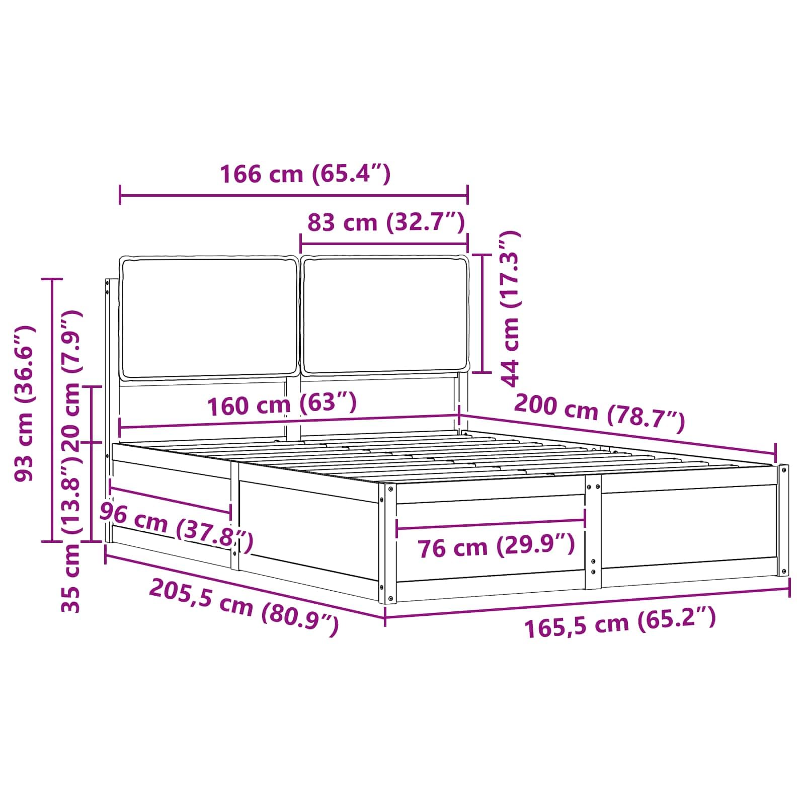 Bettgestell mit gepolstertem Kopfteil Schwarz aus massivem Kiefernholz 160 x 200 cm, Robustes Holzbett mit Lattenrost, modernes Doppelbett für Schlafzimmer und Gästezimmer