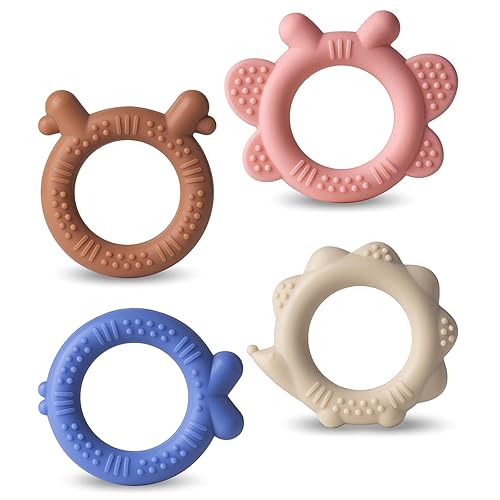 NCVI Juego de 4 anillos de dentición de silicona para bebés de 0 a 6 meses, juguetes de dentición para bebés con crestas, mordedores pequeños para