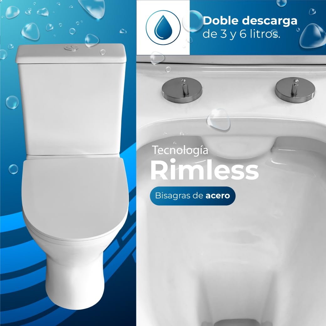 Inodoro Completo - WC Inodoro Completo con Sistema Rimless Antibacterias - Vater Baño con Tapa UF Termodurente Amortiguada - Inodoro Salida Dual Eficiente con Ahorro de Agua - WC para Hogar Blanco