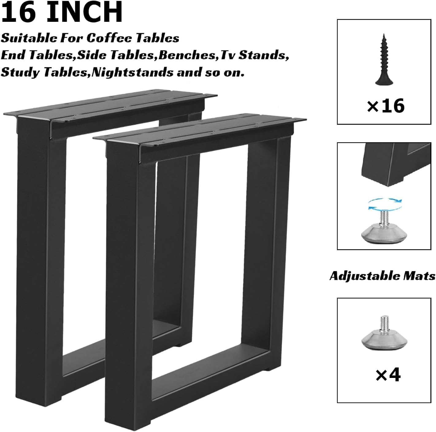 Metal Table Legs 16 Inch Bench Feets, Square End & Coffee Table Legs for DIY Furniture Office Desk Chair Feets, Set of 2 (H16 x W11.8, Black)