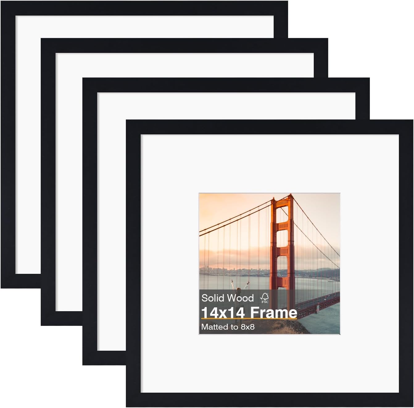 KINLINK 14x14 Picture Frame, Black Square Solid Wood Frames for Pictures 8x8 with Mat or 14x14 without Mat, Wall Display Photo Frames Black 4 Pack Black 14x14