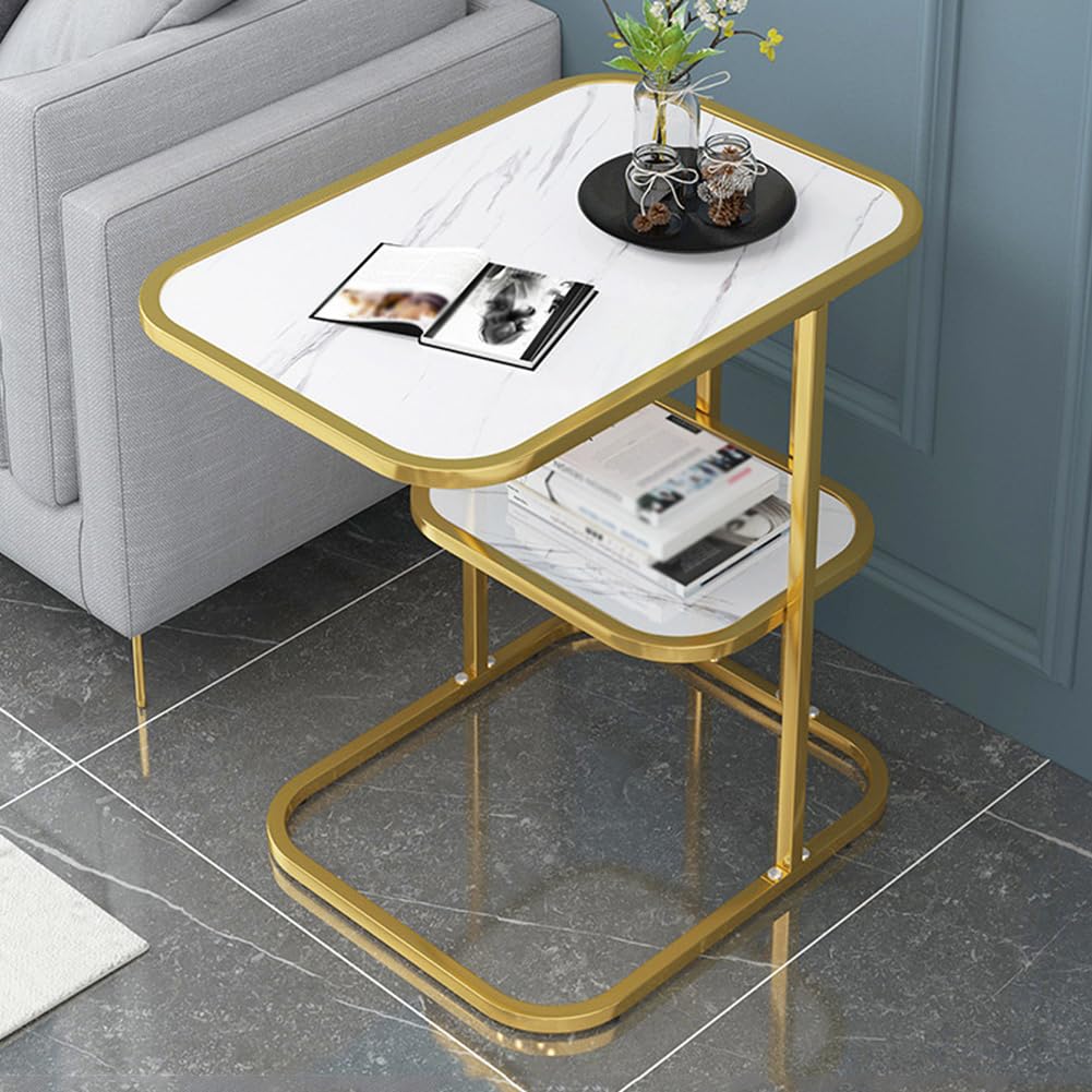 SXZenSpace C Shaped Couch Side Table with Metal Frame, 2-Tier Storage Tv Tray Table,Small Snack End for Living Room,Bedroom,Gold frame white,B