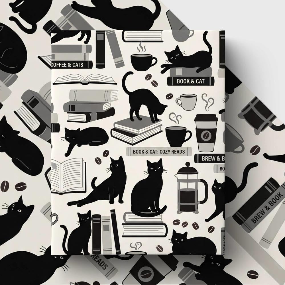 GleeWrap Black Cat Wrapping Paper for Book Lovers, Coffee and Books Gift Wrap for Birthdays, Readers, Cat Lovers & Cosy Gifts, 4 Sheets 50 x 70cm