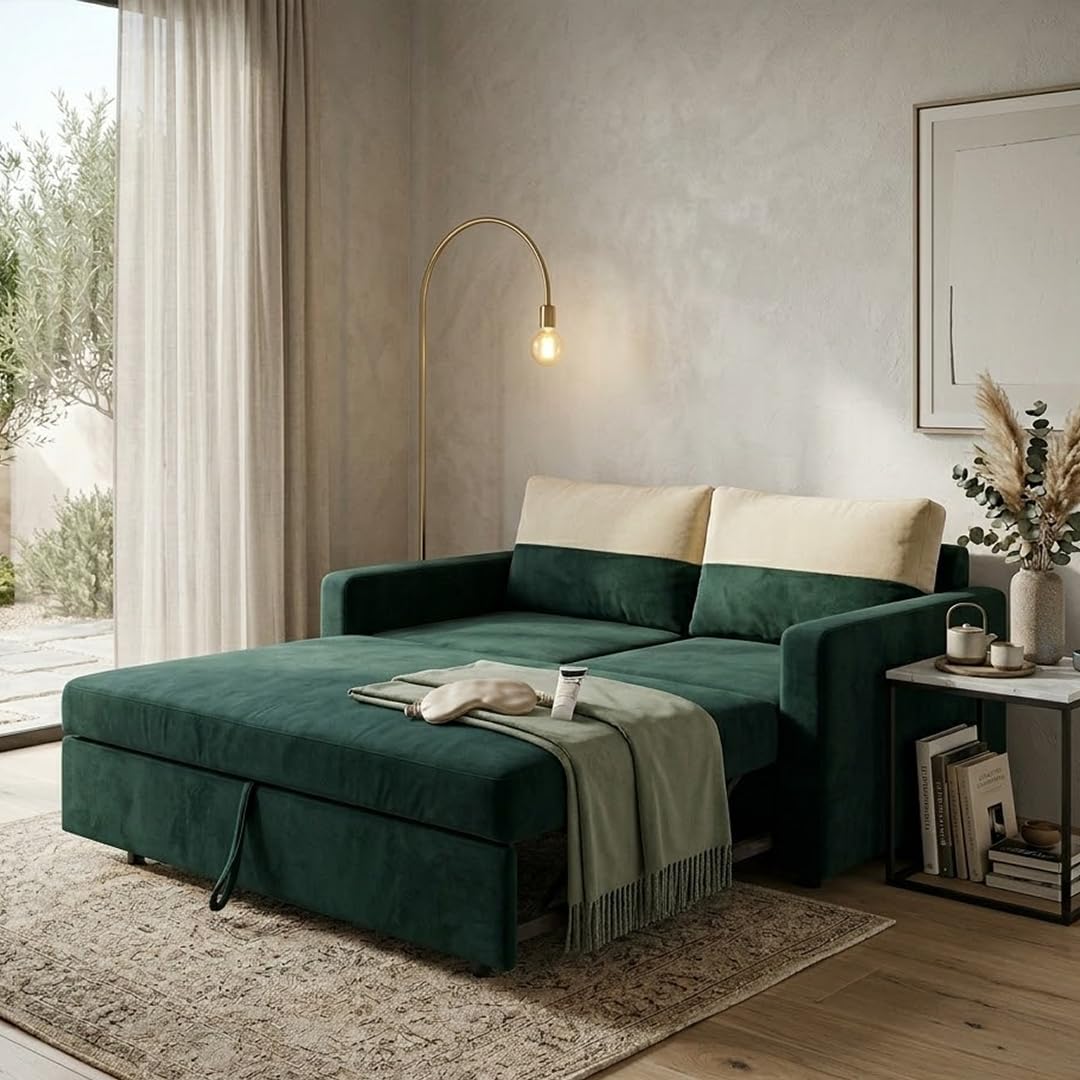 SOCOZI Enrique 2 Seater Sofa Cum Bed | Soft Velvet Suede Fabric | Modern Convertible Design | Plush Comfort Seating for Living Room (Tealish Green)-image-49
