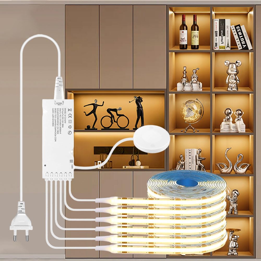 12V COB LED Streifen, 6 Rollen 2M Warmweiß COB LED Strip, Akustikpaneele LED mit Berühren und Hand Sweep Dimmschalter für Schrank, Vitrine, Küche, Regal, Weinschrank und Regalbeleuchtung