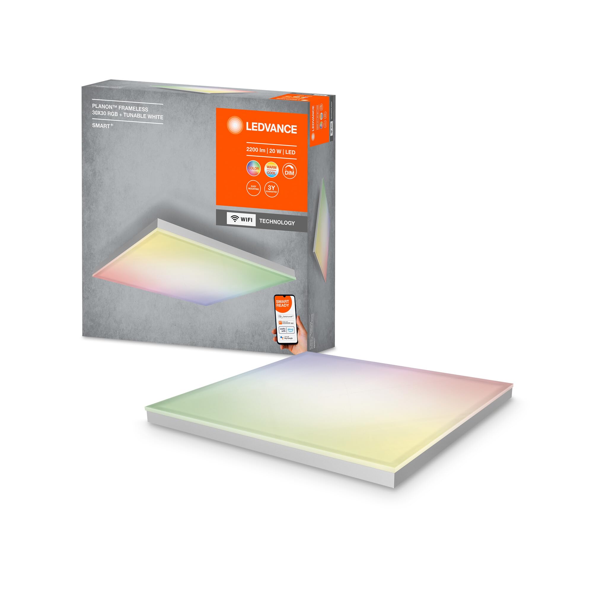 LEDVANCE Smarte LED Deckenleuchte, Panel für Innen mit WiFi Technologie, Lichtfarbe änderbar (3000K-6500K), RGB-Farben änderbar, 300mm x 300mm, Kompatibel mit Google und Alexa Voice Control, SMART+