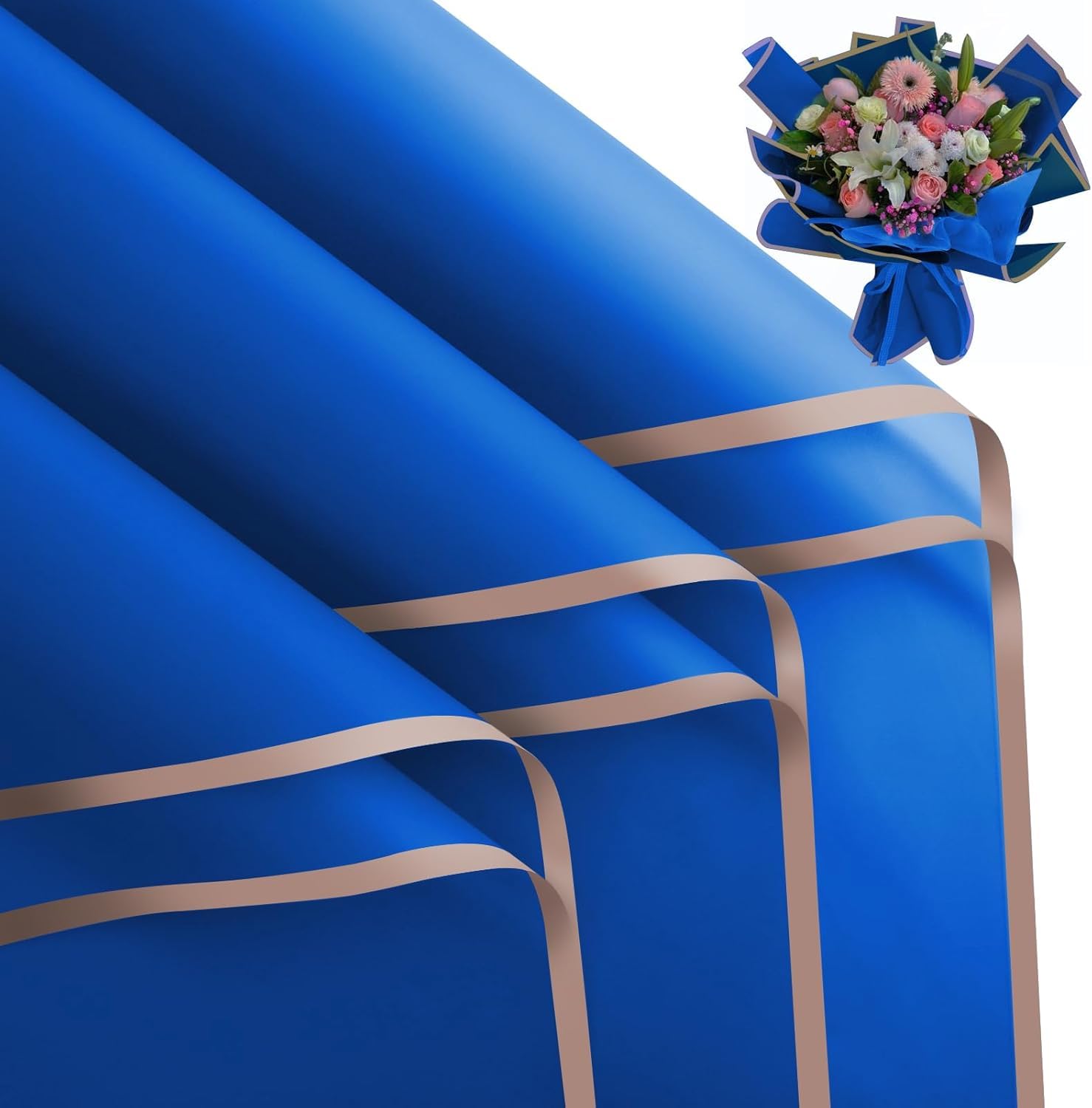 Zarwani - 5 Sheets Korean Style Waterproof Royal Blue Bouquet Wrapping Paper (58cm x 58cm, 60 Microns) | Border Design, Giftwrap for Flowers & Christmas Gift Wrapping Paper (5, Gold Border R Blue)