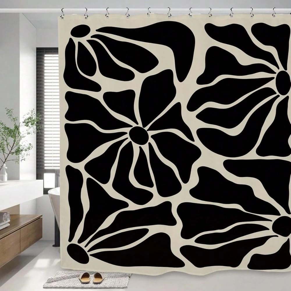 GLKSDLPO Beige Black Matisse Abstract Floral Minimalist Shower Curtains, Retro Bathroom Curtain(180x225cm/71x86in(WxH)