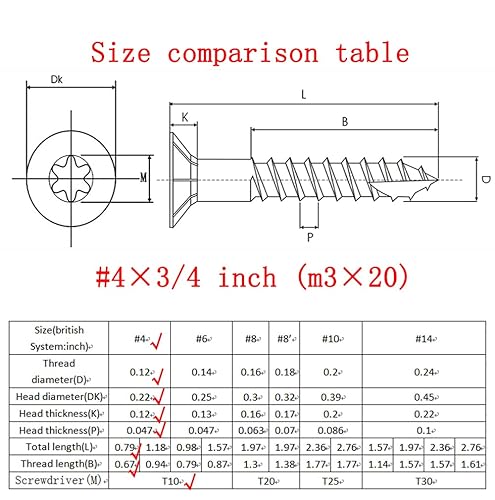 Miniatura 5 de Tornillos para madera #4 × 34 pulgadas Torx Star Drive Tornillos de cubierta de cabeza plana M3 × 20 avellanados T10 Autoperforantes Corte de rosca