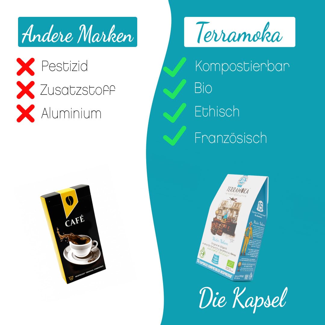 TERRAMOKA - Exzellenter entkoffeinierter Bio-Kaffee - 100% reiner Arabica aus Peru - Original und elegant - 60 Kapseln Kompatibel Zero Waste - Mister Nelson - Frankreich