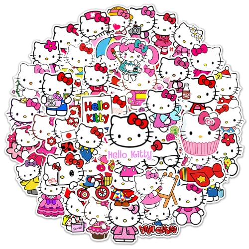 50Pcs Cartoon Hello Kitty Stickers for Kids, Cute Cat Stickers for Teen Girl Adult Water Bottle, Skateboard, Phone, Laptop, Bicycle, Travel Case,...