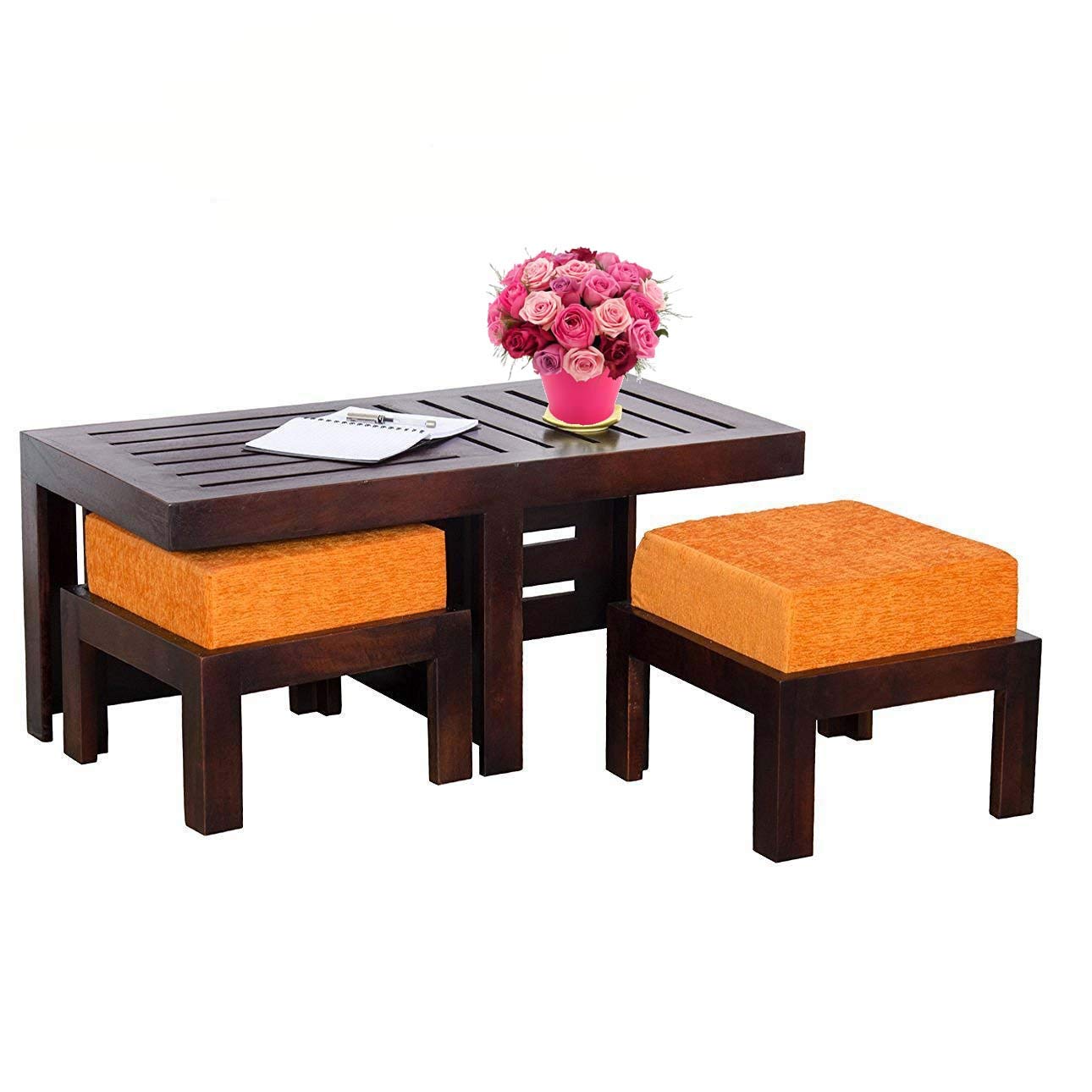 Furniture World Wooden Coffee Table with 2 Stools for Living Room, Orange Cushion Amazon.in